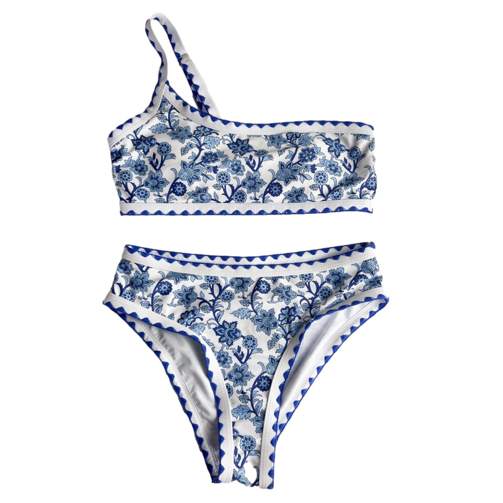 Blue White Floral One Shoulder Bikini Set Womens Sz M greek coastal cottagecore